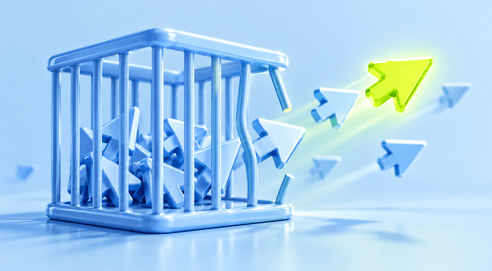 A glowing green cursor escapes a light blue cage filled with many other blue cursors.